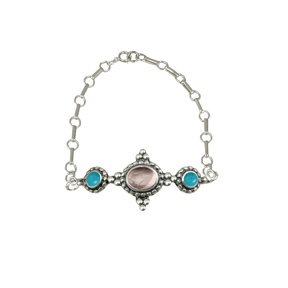 Sterling Silver Gemstone Adjustable Chain Bracelet With Rose Quartz And Turquoise